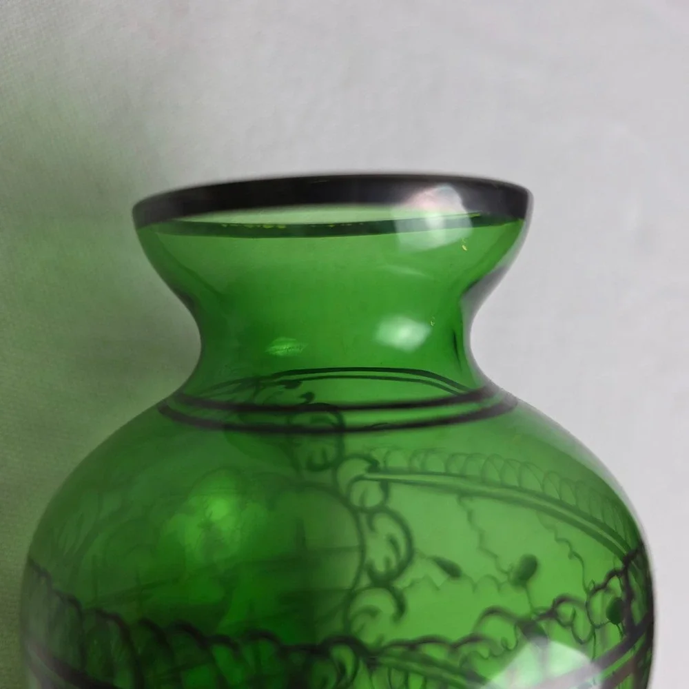 Vintage Venice 1960 Emerald Green Glass Bud Vase Silver Floral Overlay
